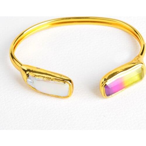 Cultured White Biwa Pearl Rainbow Color Crystal Golden Plated Bangle Bracelet