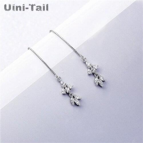 Uini-Tail hot new 925 sterling silver simple small fresh leaves micro-inlaid earrings long fringed temperament hypoallergenic