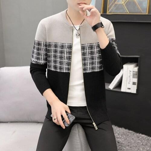 Fall 2021 Mens Zipper Cardigan Trendy Slim Fit Sweater Youth Striped Color Matching Casual Sweater