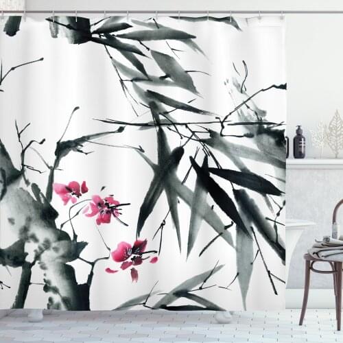 Watercolor Bamboo Shower Curtain Set Pink Flowers Leafy Branches Drape for Bathroom 12 Hooks Cortinas de Baño וילון אמבטיה