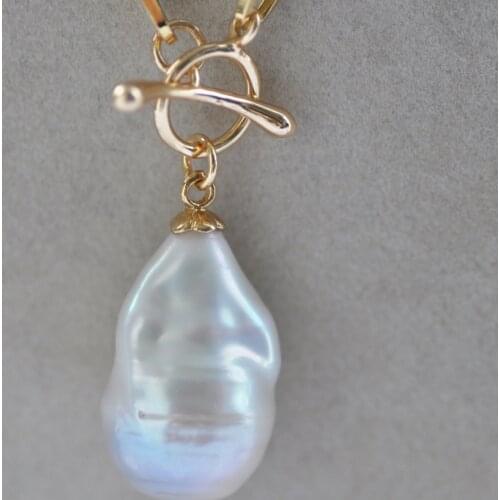 Z10680 Natural 25mm White Baroque Keshi Reborn Pearl Pendant Chain
