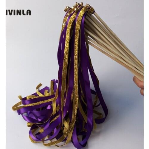 New Arrived purple weddin glitter ribbon wands with gold bell for wedding party decoration 50Pieces/Lot