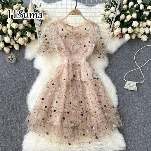 2021 summer new women O-neck puff sleeve embroidered ruffles gauze A-line dress female Chic elegant waist mesh party dresses