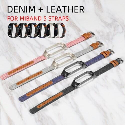 New Denim + leather sport watch band bracelet for Miband 5 straps watchband for xiao mi band 5 fabric loop wrist Replacement