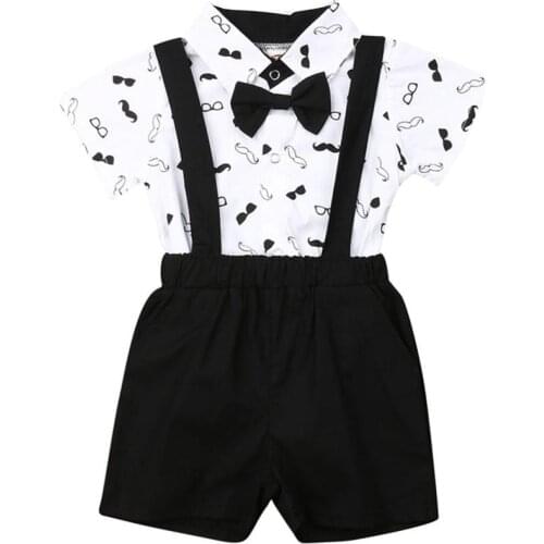 Baby Boy Turn-down Collar Clothes Print Short Sleeve Wedding Christening Formal Outfit Suit Romper Clothes Newborn 0-24 Months