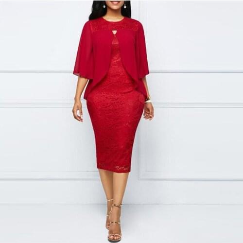 Wholesale Elegant Red Lace Tea Length Jewel Neck Mother of the Bride Dresses Three Quarter Sleeve Wedding Guest Gowns Sheath