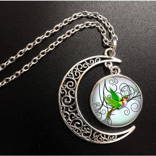 Blue Hummingbird Necklace Hummingbird Art Moon Pendant Jewelry Fashion Necklaces for Women Gifts Necklace Printed Photo Gift