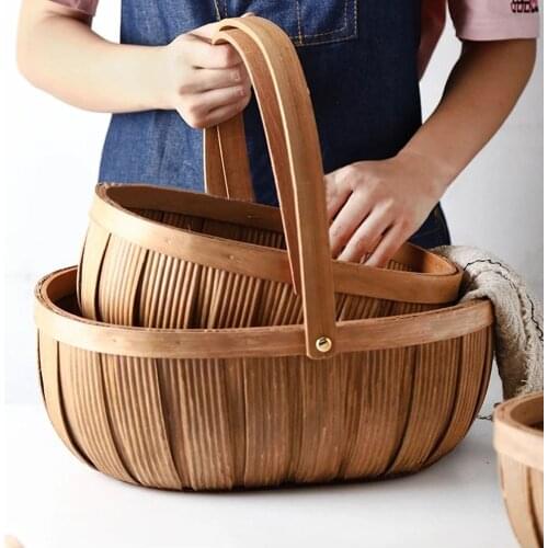 Hand-woven Fruit Basket DIY Wicker Basket Empty Oval Willow Woven Basket Lager Capacity Picnic Basket With Foldable Handle