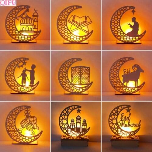QIFU Wood Mubarak Craft With Led Light EID MUBARAK Decor Islamic Pendants Ramadan Decoration Islam Muslim Home Decor Supplies