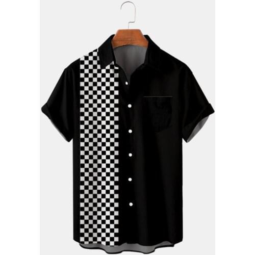 2021 New Shirts For Mens Mosaic Plaid Printed Man Casual Lapel Chest Pocket Button Up Shirts Short Sleeve Summer Light Tops