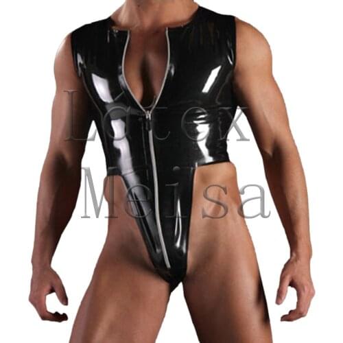 Sexy mens latex catsuit split side zentai with front zip to crotch in black color