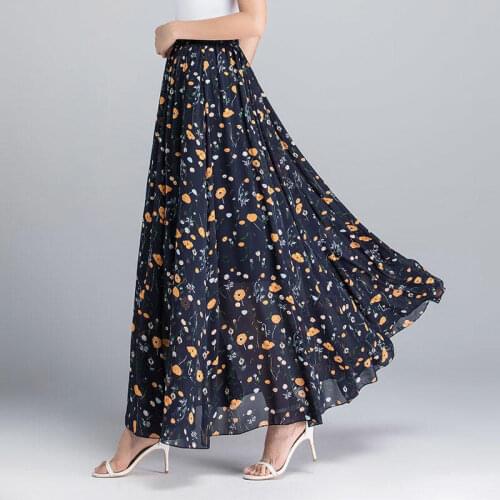 Chiffon Skirts Womens Clothing Faldas Casual Elegant High Waist Long Skirts Female Streetwear Print Vintage Pleated Skirt Q4608
