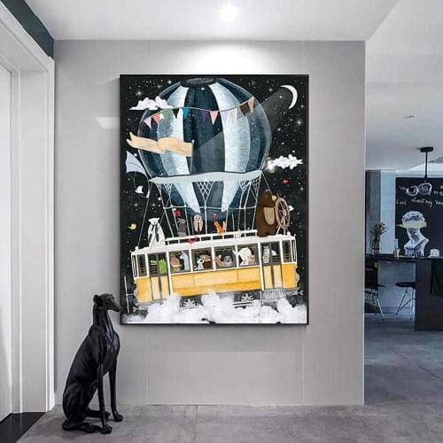 Modern Cartoon Canvas Painting Animals Giraffe Penguin Balloon Poster Picture Home Decor Print for Kids Baby Room Frameless