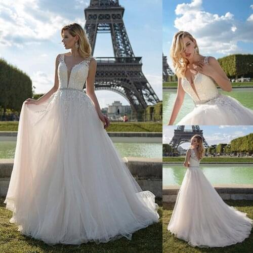 Gorgeous Tulle V-neck Neckline A-line Wedding Dresses Beading Sash Blush Tulle Bridal Gowns noivas vestidos de noiva