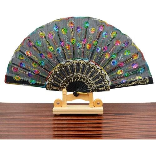 Chinese Style Embroidered Sequins Folding Fan Classical Peacock Fans Women Dance Hand Held Fans Girls Photo Props Arts Crafts