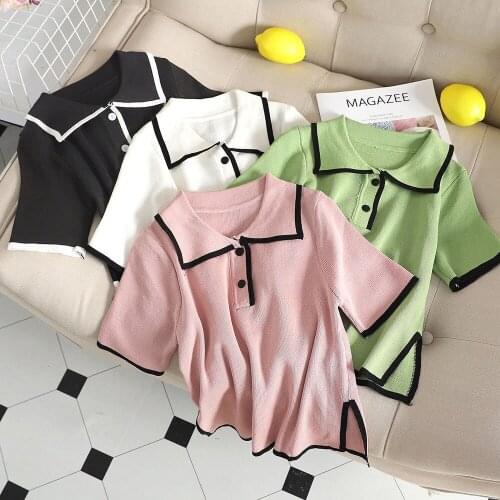 2021 Polo Neck Plain Short Sleeve T-shirts For Women Slim Knitted Top Female Basic Tees Contrast Color Sweet Polo Shirt