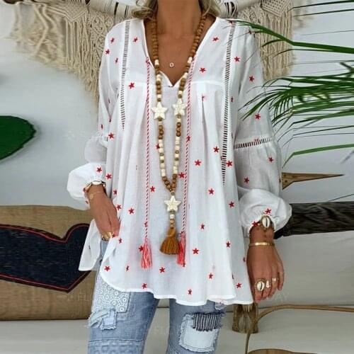2020 New White Blouse For Women Casual Lantern Long Sleeve Hollow Out Female Tunic 4XL Plus Size Pentagram Printed Blouse Shirt