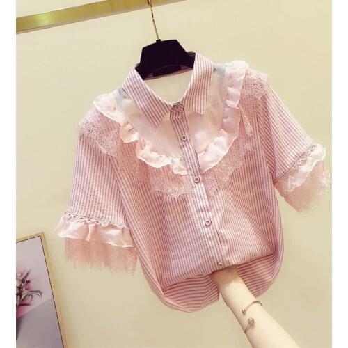 Belly-covered chiffon shirt women 2021 new summer thin style foreign fashion ruffled sweet lace short-sleeved top
