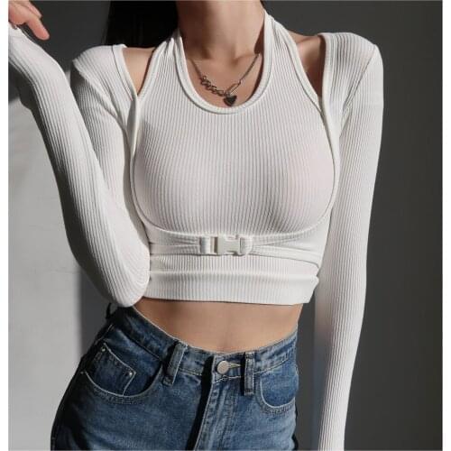 Women Sexy 2 Pieces Set Plus Size Tops Lady Kintted Long SLeeve Crop Front Buckle T-shirt Halter Girl Elastic Slim Vintage Tees