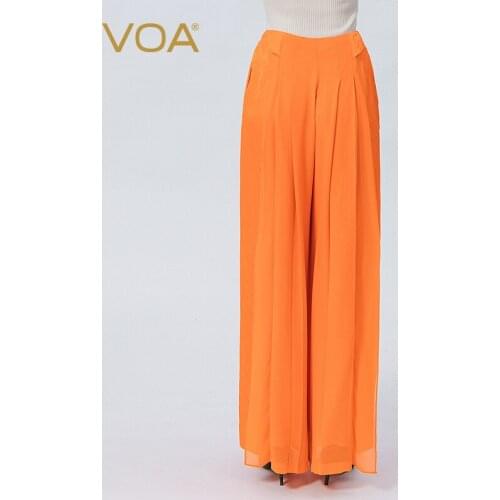VOA Silk Jacquard Orange Natural Waist Invisible Zipper Fold Stitching Loose Covered Meat Summer Wide-leg Pants for Women KE538