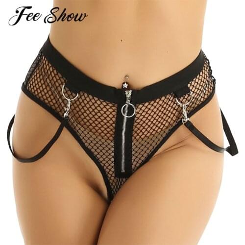 Women Lingerie Sissy Briefs Sheer Panties Sexy Rave Outfits Pole Dance Night Clubwear Zippered See Through Fishnet Booty Shorts