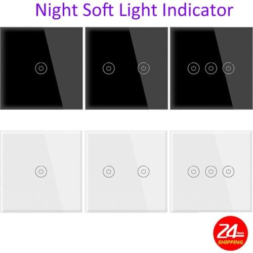 10A 250V No Neutral Wire Touch Toughened Glass EU Standard Wall Switch Panel with Night Fluorescence Indicator Light 1/2/3 Gang