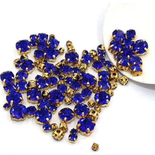 100pcs/pack Mixed size glass crystal beads gold base sewing Royal blue rhinestones diy apparel accessories