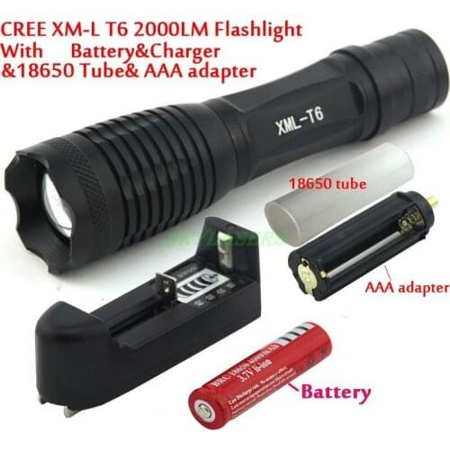2000 LM E6 Super bright Zoomable XM-L T6 LED 18650 Flashlight Torch Light + 18650 battery + Charger