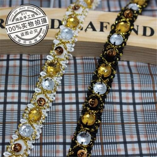 5Yard Retro Handmade Gold Beaded Lace Trim Rhinestone Wool Lace Collar Ribbon Wedding Decoration Accessories Braid Lace Applique
