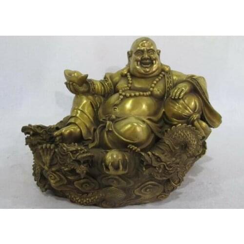 7"Chinese Buddhist Brass Copper Yuan bao Maitreya Buddha on Nine Dragon Statue