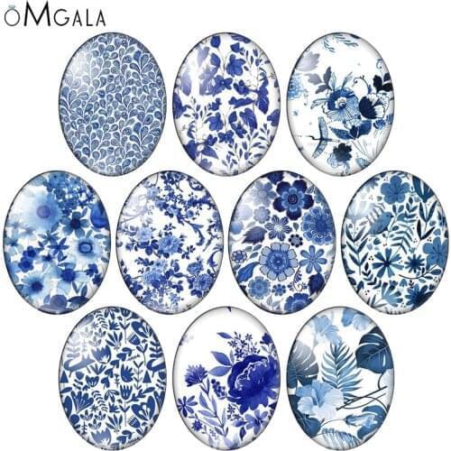 Watercolor blue porcelain flower 10pcs 13x18mm/18x25mm/30x40mm Oval photo glass cabochon demo flat back Making findings