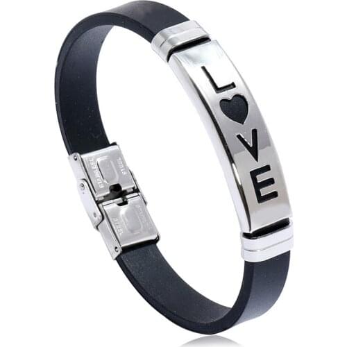 Jessingshow Silicone Rubber Bracelets Stainless Steel Love Charm Couple Bracelets Lover Friend Bangle Men Women Jewelry Gift