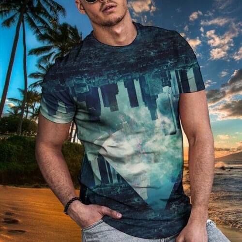 New mens starry sky tower printed T-shirt popular 3D printing landscape oversized T-shirt hip-hop short-sleeved streetwear