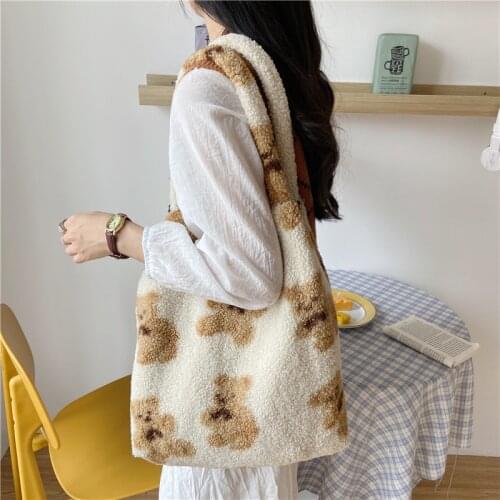 Women Shoulder Bag Lamb Like Fabric Bag Fluffy Fur Bear Handbags Tote Bags For Women School Cute Cotton Bag Shopper