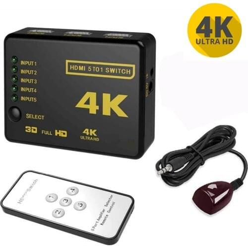 HD 4K HDMI Splitter 1x5 Port 3D 4K*2K Video HDMI Switch Switcher HDMI 1 Input 5 Output HUB with IR Remote