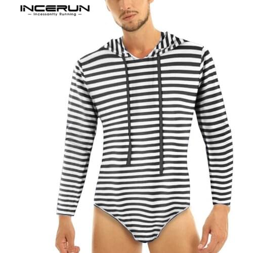 INCERUN Fashion Men Striped Bodysuit T Shirts Long Sleeve Hooded Rompers Tops Man Sexy Fitness T-shirts Leisure Camisetas S-5XL7