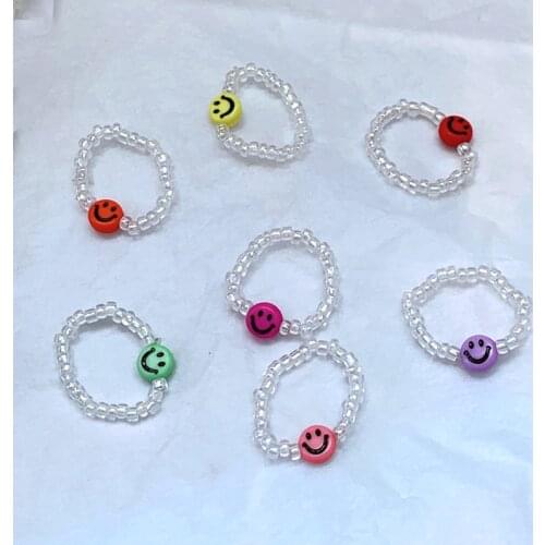Korean Charms Expression Ring for Women Candy Color Beads Lovely Handmade DIY Vintage Pearl Rings Y2K Jewelry 90s Aesthetic New