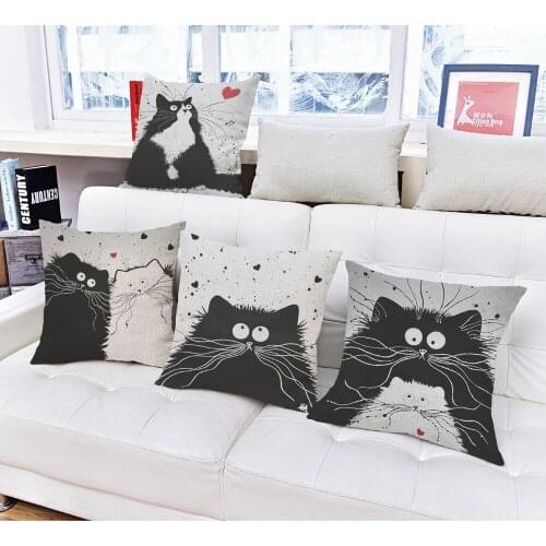 18" Square Black White Cats Printed Home Decorative Throw Pillows Cartoon Pattern Decoration Car Sofa Cushion Linen Pillowcase