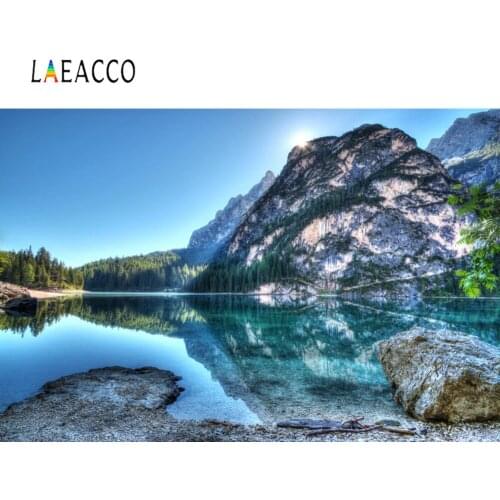 Laeacco Green Lake Mountain Tree Stone Natural Scenic View Photographic Background Photography Backdrop Photocall Photo Studio