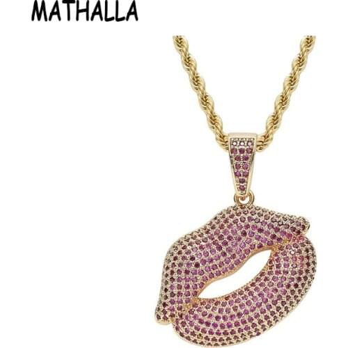 MATHALLA Red Lips Pendant Necklace Steel Chain Necklace Inlaid AAA Cubic Zircon Fashion Charm Hip Hop Jewelry Birthday Gift