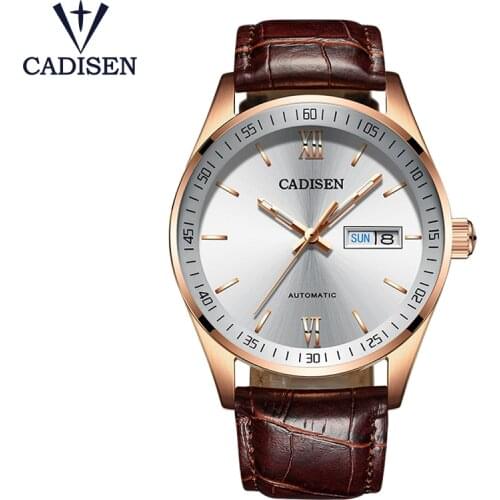 Mechanical And Automatic Watches For Men Double Calendar Display Mineral Glass 50M Deep Waterproof Gold Brown Leather Watch