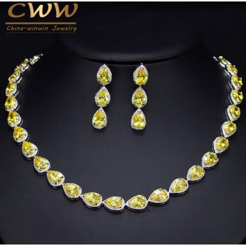 CWWZircons Trendy Dazzling Yellow Water Drop Cubic Zirconia Big Choker Necklace And Earring Set for Bridal Wedding Jewelry T133
