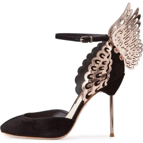Fashion Ankle Strap Metal Butterfly Pumps Gold Wing Black Wedding Shoes Women Velvet Handmade Luxury Design Ladies Shoes Party
