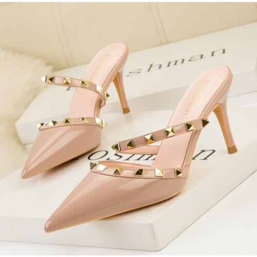 Women Summer High Heels Mules Slippers Ladies Pointed To Sexy Rivets Outside Shoes Woman Fashion Sandals Zapatos Mujer