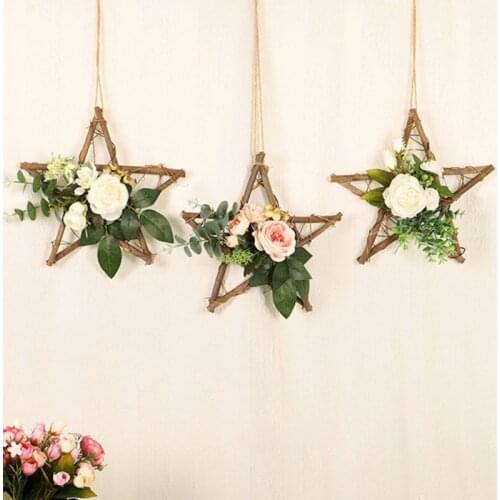 Wreath Wall Hanging Decoration Wooden Five-Pointed Star Pendant Simulation Rose Wreath Wall Decor Wedding Garden Decoration