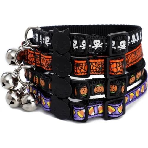 Pet Collar Nylon Adjustable Collar with Bell Halloween Pumpkin Skull Spider Collar For Cat Dog Animal Neck decoration Supplies