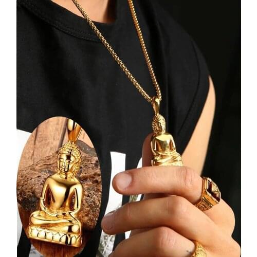 Stainless Steel Buddhism Pendant Necklace Buddha Statue Men Bodhisattva Amulet Talisman Necklace Gold Fashion Jewelry Collares