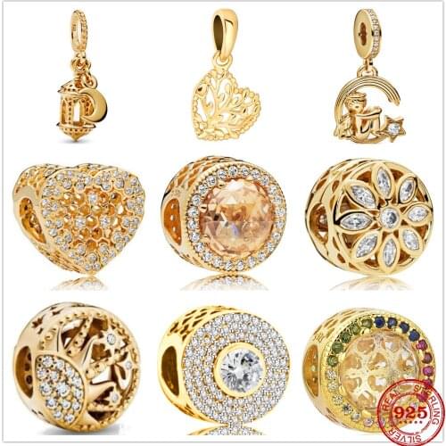 Authentic Original 925 Sterling Silver Charm Bead Sun Dangle Clear Pavé Clip Charms Gold Fit Pandora Bracelets Women DIY Jewelry