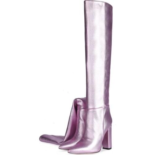 Sexy Pink Knee High Boots Women 11Cm Square Heel Modern Boots Shinny Slip On Women Fur Boots 7 Colors Spring Auntum Winter Shoes