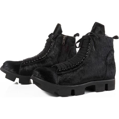 High Street Winter Thick Bottom Genuine Leather Mens Snow Boots Horse Hair Fur Lace Up Zip Vintage Ankle Boots Calzado Hombre